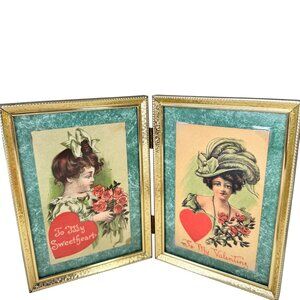 Victorian Framed Romantic Valentine Card Sweetheart Gold Tone 5x7 in Vintage